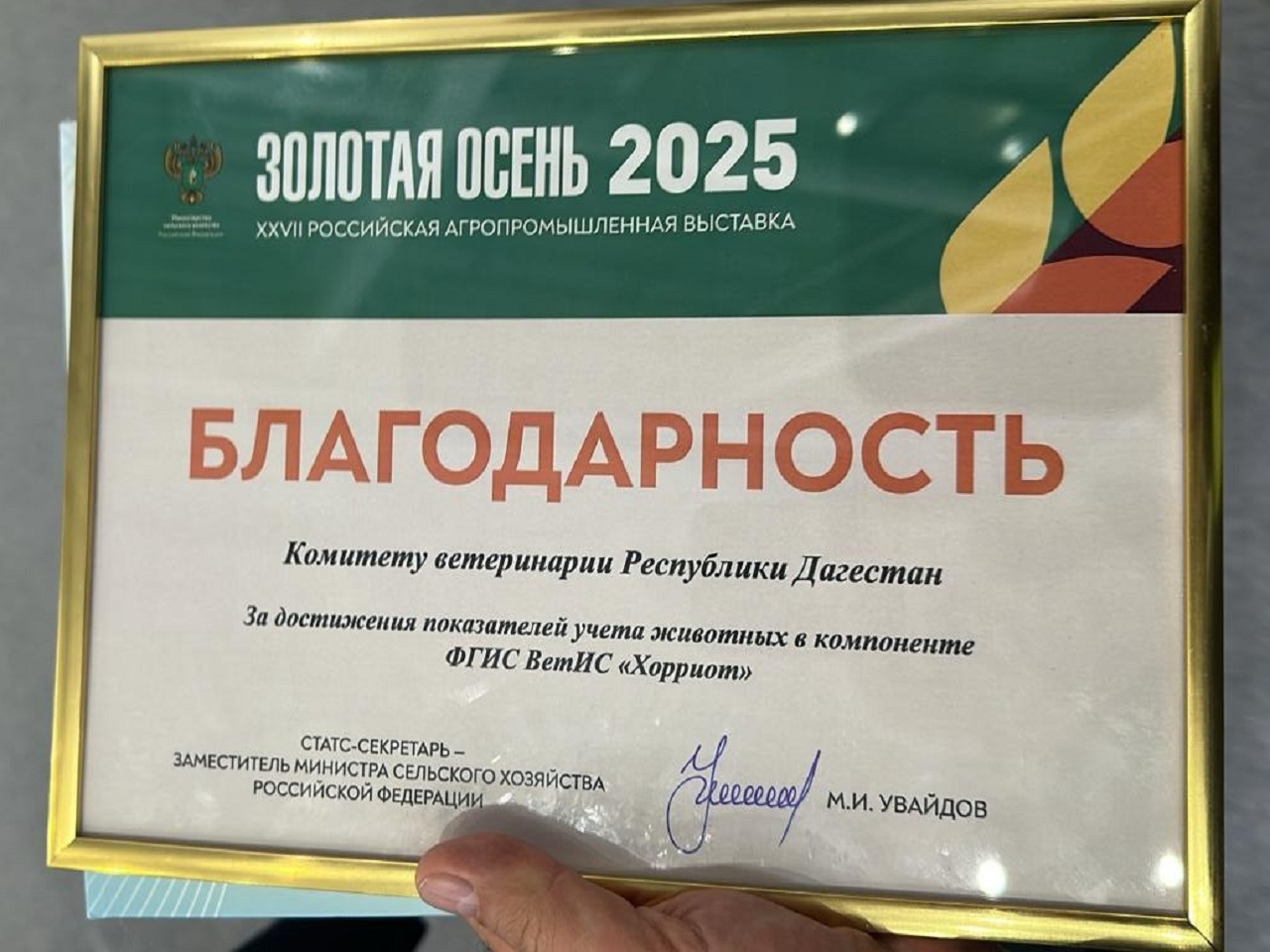 Комитет по ветеринарии Дагестана отмечен наградой на выставке «Золотая осень»